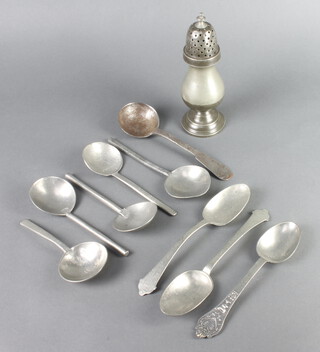 A pewter baluster shaped sugar caster 18cm x 7cm (foot misshapen) and 9 various pewter spoons