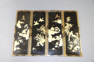 Four 19th Century Chinese style black lacquered inlaid hardstone panels depicting birds amidst branches 91cm h x 31cm w