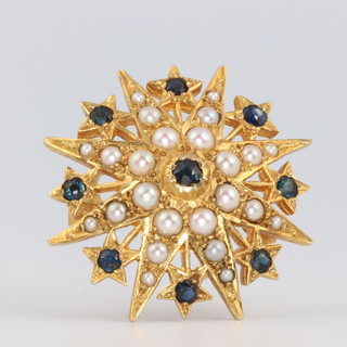 A 9ct yellow gold Victorian style seed pearl and sapphire brooch 30mm, 8.2 grams 