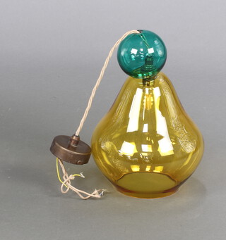 A Curiousa & Curiousa amber and green glass pear shaped glass light shade 36cm h x 21cm (slight chips to the ball at the top)  