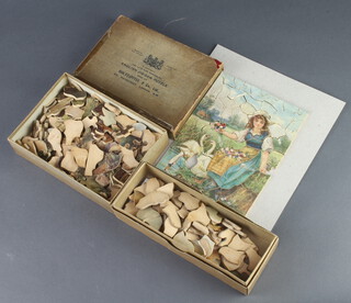 A rare Holtzapffel & Co wooden jigsaw puzzle "Flatford Mill", 1 piece missing together with a 136 piece wooden jigsaw puzzle "The Remnants of an Army" and 1 other wooden jigsaw puzzle of a girl with Swans, contained in an Elizabeth II 1953 Coronation tin (missing 2 pieces)