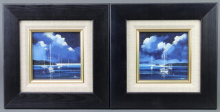 Alan King, oils on board a pair, "Blue Mooring and Blue Anchorage" with certificate 11cm x 11cm 