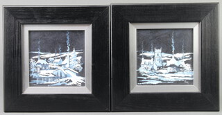 Alan King, oils on panel a pair signed, "Moonlight on Snow" and "South Devon" 11cm x 11cm with certificate