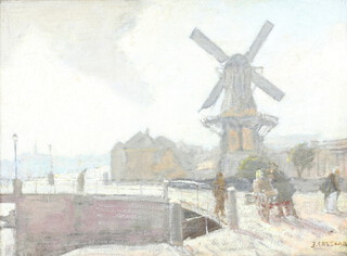 Josef Cassar (1953-), oil on canvas signed, Dutch scape with figures before a windmill, ex Christies stock code on verso 28cm x 37cm  