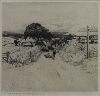 Margaret Kemp-Welch (1874-1968), etching signed, rural study with shepherd and flock in an extensive landscape 18cm x 18cm 