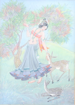 Ranada Charan Ukil 1932, watercolour study of Shakuntala with deer 34cm x 24cm, with Fine Art Society label to the back 