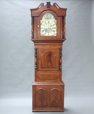 A 19th Century 8 day striking longcase clock the 36cm painted arch dial with Roman numerals, pendulum indicator decorated a sailing ship, minute indicator and calendar aperture, the spandrels painted castles, complete with pendulum and key contained in a massive mahogany case enclosed by a panelled door (locked) 240cm h x 28cm w x 26cm d 