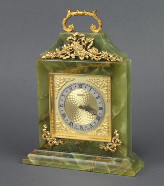 Elsinor, a Swiss 8 day timepiece with square gilt dial, silvered chapter ring, contained in an onyx and gilt mounted case 24cm h x 18cm w x 4cm d 
