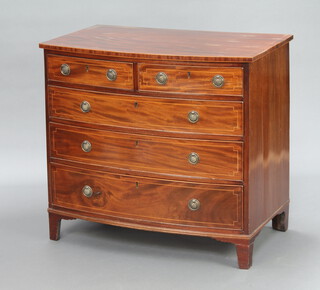 A 19th Century inlaid mahogany bow front chest of 2 short and 3 long drawers, raised on bracket feet 85cm h x 93cm w x 56cm d 