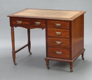 James Shoolbred and Company Ltd., an Edwardian mahogany desk with green inset writing surface above 1 long and 4 short drawers 76cm h x 99cm w x 59cm d, drawer impressed 106 54D