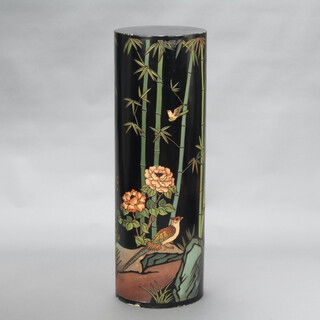 A 20th Century black lacquered chinoiserie style pedestal decorated bamboo and birds 91cm h x 31cm diam. 