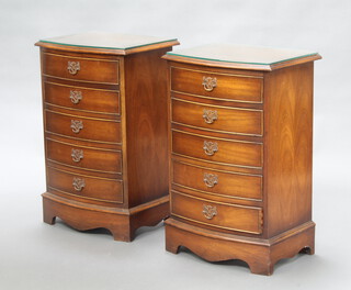 A pair of Georgian style mahogany bow front bedside chests of 5 drawers, raised on bracket feet 75cm x 48cm x 37cm 