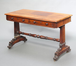 A William IV rosewood rectangular rosewood library table fitted 2 frieze drawers, raised on standard end supports, scroll feet 78cm h x 120cm w x 61cm d
