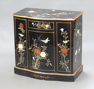 20th Century Chinese black lacquered and floral patterned bow front cabinet fitted a drawer above cupboard flanked by a pair of cupboards 81cm h x 81cm w x 46cm d 