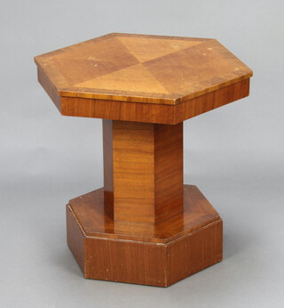 An Art Deco hexagonal and quarter veneered pedestal table on a hexagonal base 23cm x 63cm x 54cm  