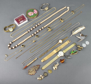 Two pairs of pearl ear studs, minor costume jewellery and watches 