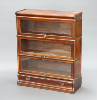 A mahogany 3 tier Globe Wernicke style bookcase, the base fitted a drawer, 106cm h x 86cm w x 30cm d 