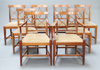 A set of 8 Edwardian Georgian style inlaid mahogany bar back dining chairs with tracery backs and upholstered drop in seats raised on square tapered supports with H framed stretchers the 2 carvers 88cm h x 54cm w x 46cm d (seats 28cm x 28cm) the 6 standard 86cm h x 51cm w x 41cm d (seats 27cm x 26cm) 