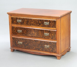 An Edwardian Art Nouveau mahogany and walnut finished chest of 3 drawers with brass plate drop handles, raised on square supports 76cm h x 105cm w x 52cm d  