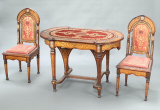 A 19th Century Turkish, mahogany and inlaid mother of pearl table, the inlaid top with fabric panel to the centre, the base fitted a drawer with waisted and shaped supports to the centre with H framed stretcher 74cm h x 110cm w x 64cm d, together with a pair of matching chairs with arched backs and upholstered seats raised on square tapered supports 98cm h x 43cm w x 40cm d  (seat 28cm x 28cm) 
