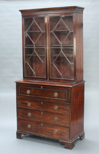 A Georgian mahogany secretaire bookcase with moulded and dentilled cornice, fitted adjustable shelves enclosed by astragal glazed panelled doors, the base with well fitted secretaire drawer above 3 drawers, raised on bracket feet 216cm h x 110cm w x 57cm d 
