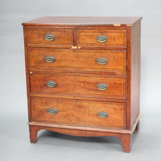 A 19th Century inlaid and crossbanded mahogany chest of 2 short and 3 long drawers with replacement oval brass drop handles, raised on bracket feet 114cm h x 99cm w x 54cm d (sections of crossbanded missing to the top and small section of veneer missing beneath the 2 short drawers) 