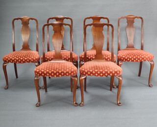A set of 6 Queen Anne style walnut slat back dining chairs with over stuffed seats, raised on cabriole supports 96cm x 52cm x 41cm (seats 40cm x 34cm, frames are loose, some contact marks in places) 