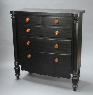 A Victorian black painted bow front chest of 2 short and 3 long drawers raised on turned and reeded supports 132cm h x 137cm w x 50cm d 