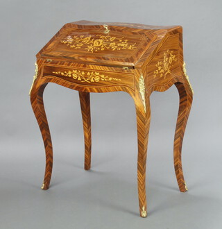 A 20th Century inlaid kingwood bonheur du jour, the fall front inlaid flowers and revealing a well fitted interior with well and 3 short drawers, raised on cabriole supports 90cm h x 74cm w x 46cm d 
