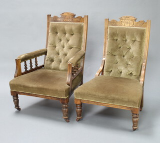 An Edwardian carved walnut open armchair with bobbin turned decoration, upholstered in brown mushroom material, raised on turned supports 103cm h x 66cm w x 68cm d (seat 40cm x 38cm), together with a similar nursing chair 101cm h x 66cm w x 60cm d (seat 30cm x 36cm) 