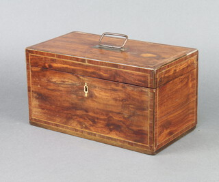 A Georgian inlaid and crossbanded mahogany twin compartment tea caddy with hinged lid and ivory escutcheon 13cm h x 24cm w x 13cm d 