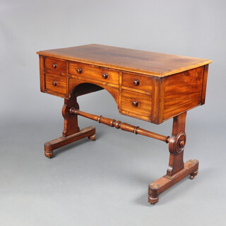A Victorian mahogany dressing table fitted 1 long and 4 short drawers with tore handles, raised on standard end supports with turned H framed stretcher 76cm h x 98cm w x 35cm d 