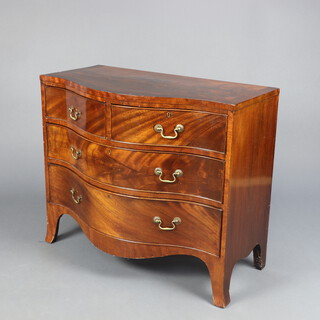 A Georgian style crossbanded mahogany chest of serpentine outline, 2 short and 2 long drawers, raised on splayed bracket feet 76cm h x 92cm w x 48cm d 
