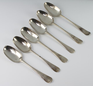 Six early Georgian silver Old English pattern tablespoons, mixed dates rubbed, 328 grams 
