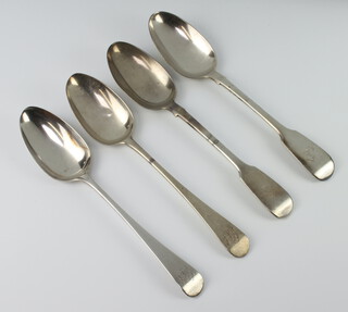 Two George III Old English pattern tablespoons London 1791, 2 Victorian fiddle pattern ditto, 282 grams 
