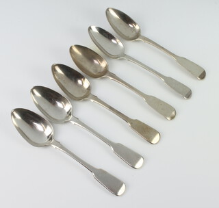 A matched set of 6 silver fiddle pattern dessert spoons London 1823 and 1827, 296 grams 