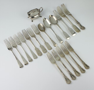 A quantity of silver cutlery, spoons and forks including a cruet, mixed dates, gross weight 1000 grams 