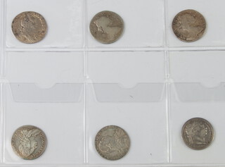 A William III sixpence, Bristol Mint 1697, a Queen Anne ditto 1703, a 1711, a George II ditto 1758, a George III with crowns 1787 and a ditto 1816 