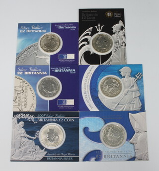 Six Britannia two pound silver coins - 2000, 2001, 2005, 2006, 2007 and 2008, each 32.4 grams 