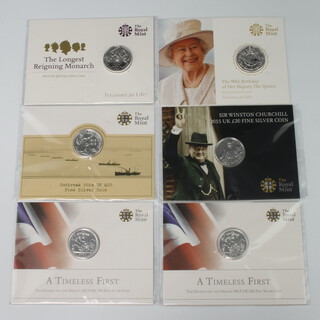 Six silver twenty pound coins - two x George and The Dragon 2013, Outbreak 2014, Sir Winston Churchill 2015, Longest Reigning Monarch 2015 and 90th Birthday of Her Majesty The Queen 2016, 78.5 grams  