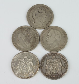 A 10 franc 1865, a 5 franc 1876, a ditto 1834, another 1834, 1868 