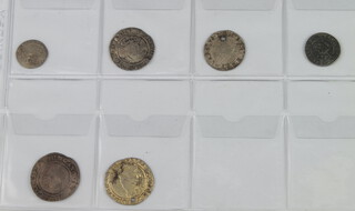 A Commonwealth Cromwell half groat (holed), a Henry VIII groat second coinage, Charles I Aberystwyth Mint groat, Henry VIII half groat first coinage, an Elizabeth I sixpence and a James I sixpence (holed and gilded)   