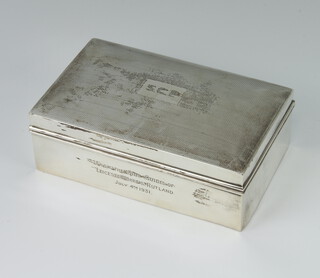 A rectangular silver engine turned cigarette box with inscription and monogram, Birmingham 1930, 14cm x 6cm 