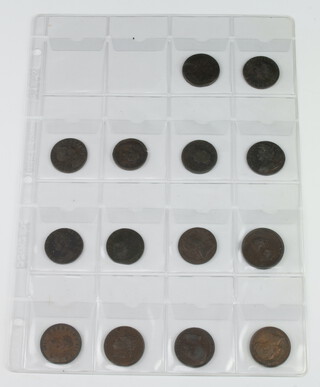 Half pennies - William and Mary 1694, William III 1697, William III 1699, George I dump 1717, George I large 1720, George II 1735, old head 1740, George III 1774, 1775, 1799, 1807, George IV 1826, William IV 1831 and Victoria 1853 