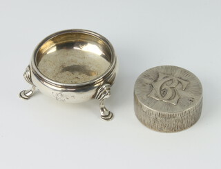 A Danish silver circular pill box with monogram 4.5cm together with a Georgian silver salt 80 grams 