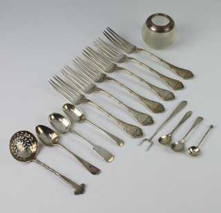 A set of 6 Sterling silver forks with fancy handles and minor cutlery, 308 grams together with a silver mounted match striker 