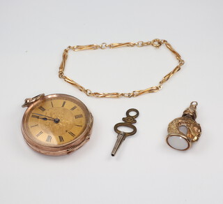 A 9ct yellow gold bracelet, 3.3 grams, a ditto fob watch and key and a gilt seal 