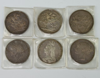 Two George III crowns 1821, ditto 1822, an 1845 Victoria ditto and 2 others 1890 and 1893 