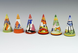 A set of 6 Wedgwood, Clarice Cliff conical sugar sifters from the Centenary Clarice Cliff Collection,  the set consisting of numbers 1-6 House & Bridge, Windbells, Crocus, Cornwall, Autumn and Blue Firs of the Bizarre and Fantastique designs, boxed 