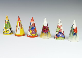 A set of 6 Wedgwood, Clarice Cliff conical sugar sifters from the Centenary Clarice Cliff Collection. The set consisting of numbers 7-12 Berries, Delicia Pansies, Blue Chintz, Delicia Citrus, Apples, Sun Gold of the Bizarre and Fantastique designs, boxed
